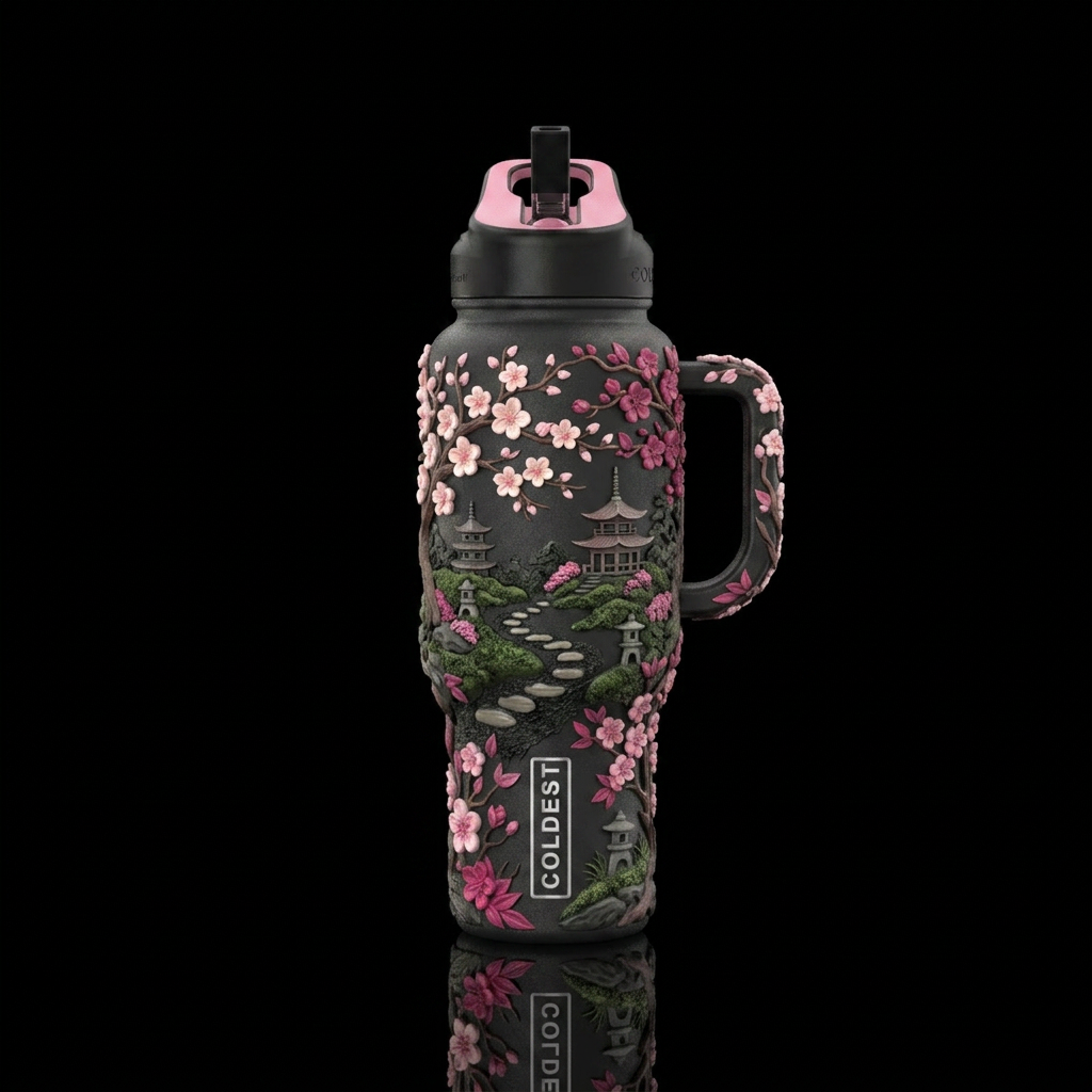 sculpted cherry blossom  ,Japanese garden,  peacef... water bottle design