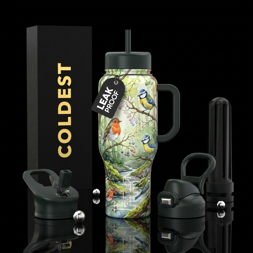 watercolor, birds, forest water bottle design