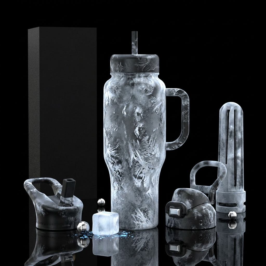 Black bottle,  that looks like it has ice and fros... water bottle design