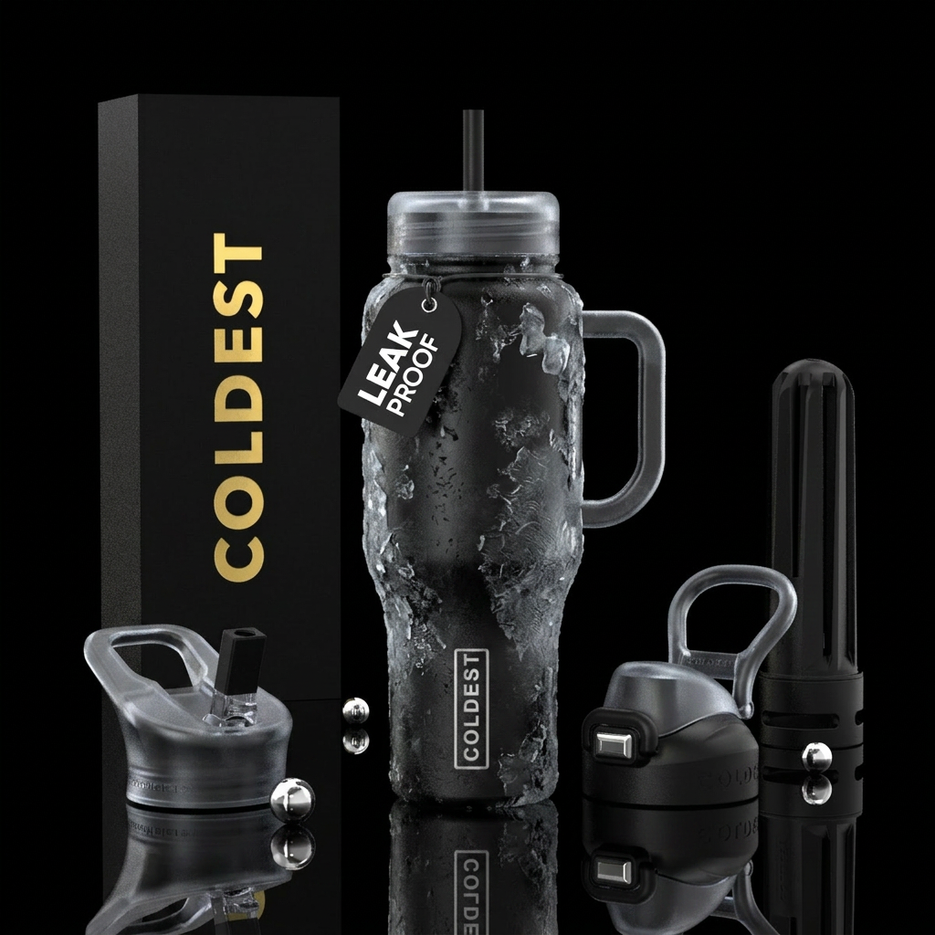 Black bottle,  that looks like it has ice and fros... water bottle design