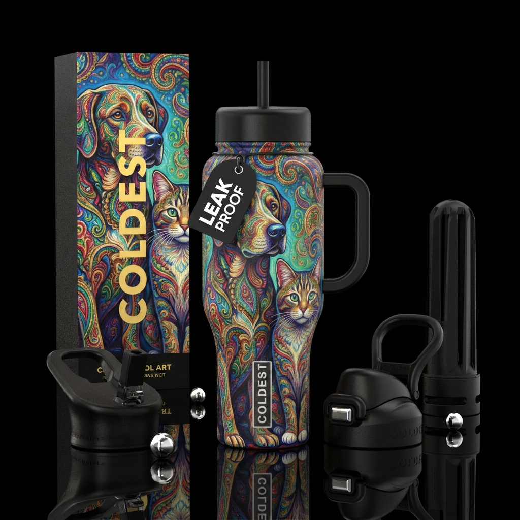 dog, cat with paisley design inside, beautiul, pai... water bottle design