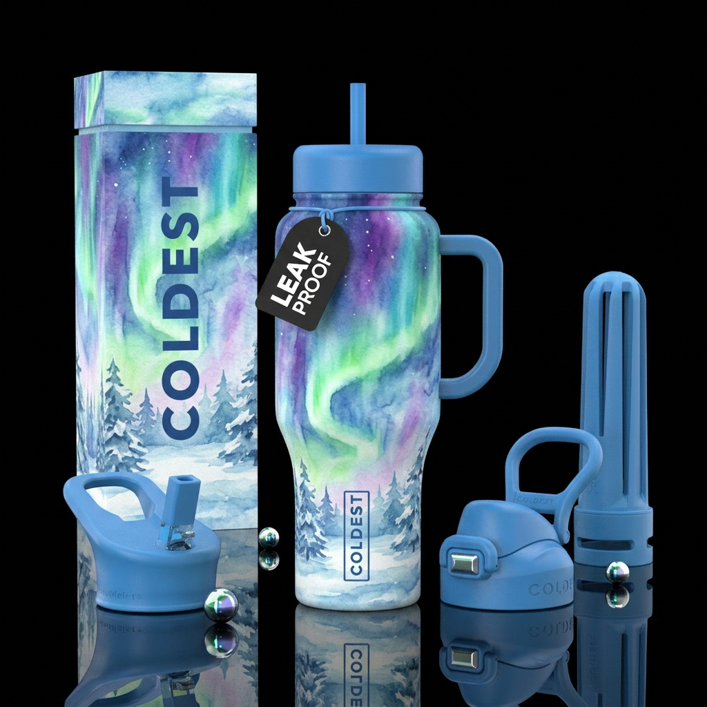 northern lights, enchanted,, beautiul, winter wond... water bottle design