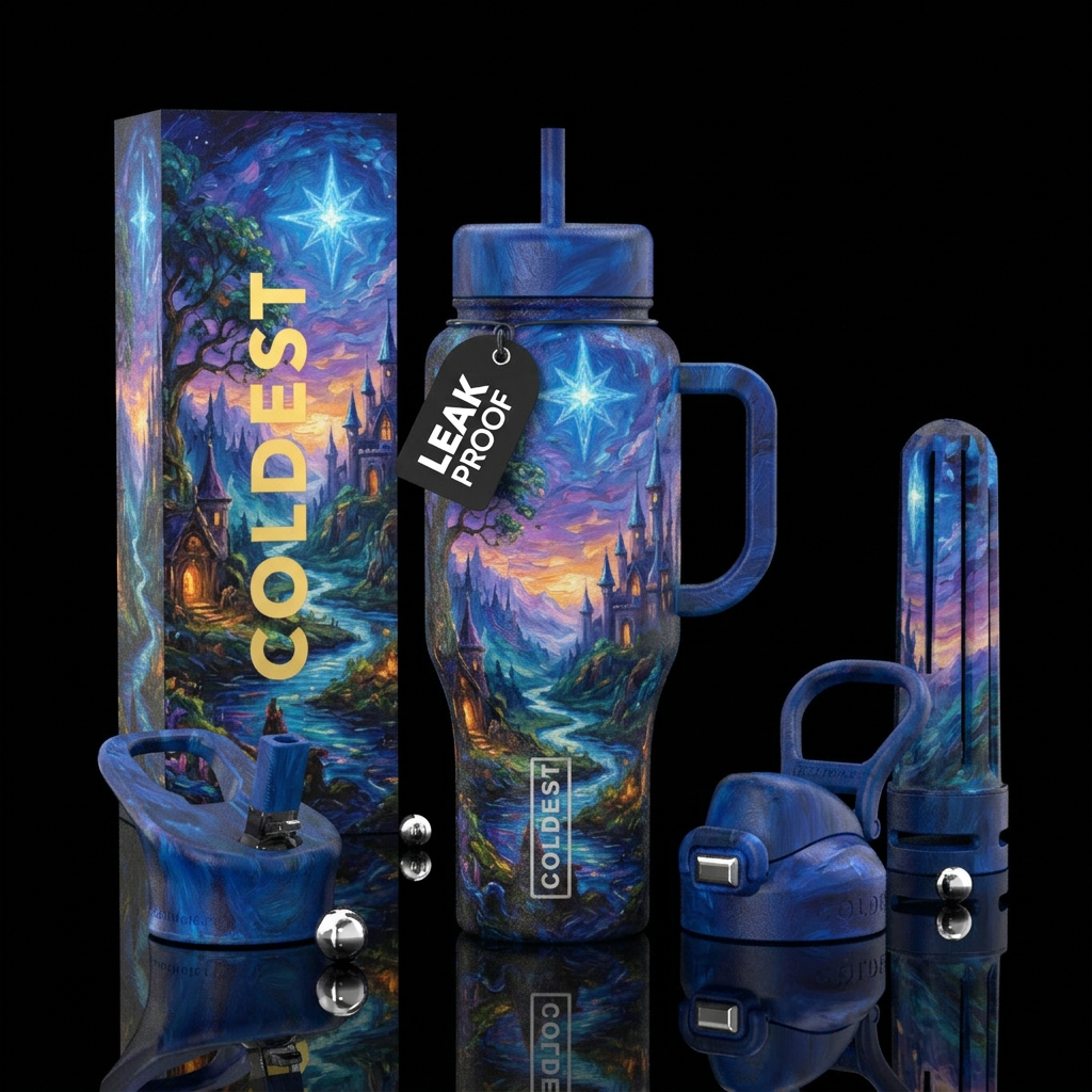 blue hour, oil painting, fantasy, artistic, realis... water bottle design