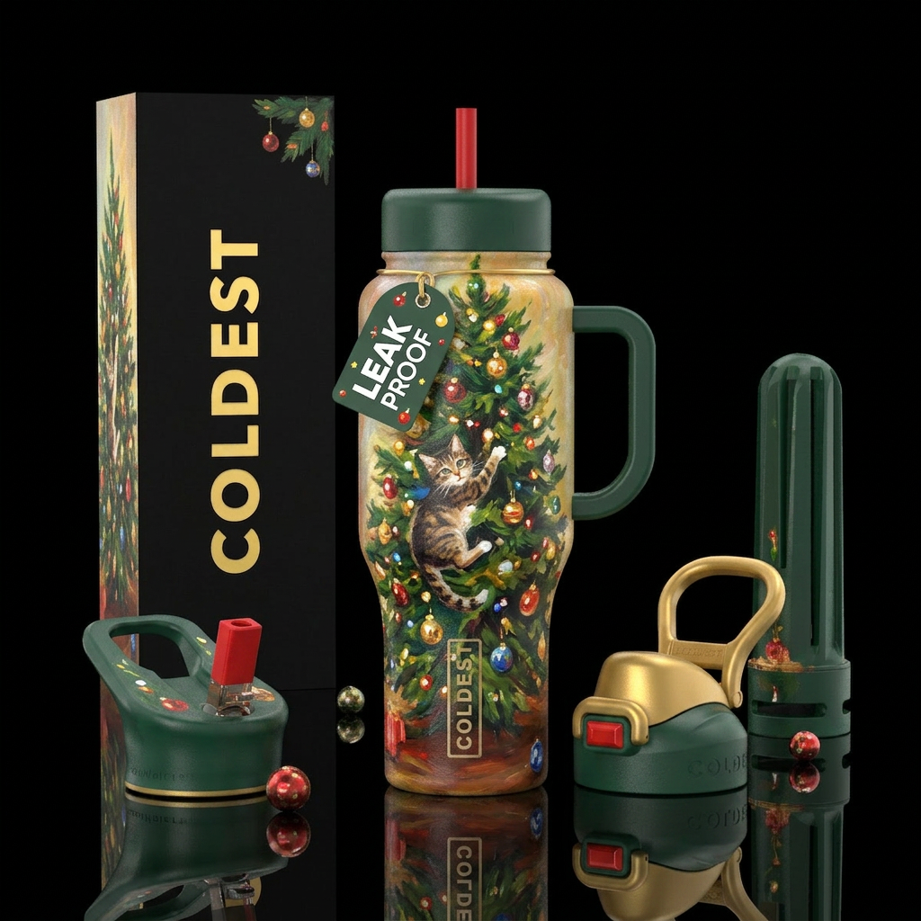 Christmas tree with cat climbing in it, beautiul, ... water bottle design