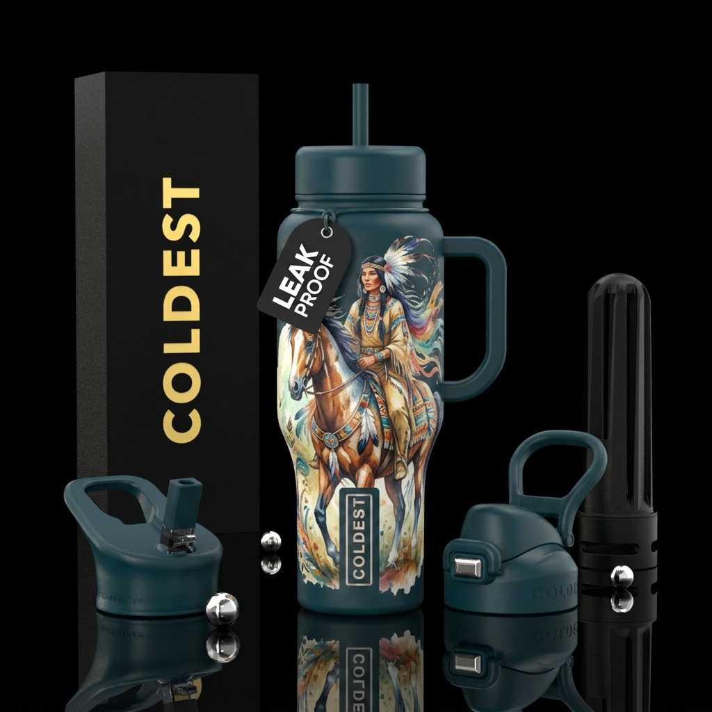 native american, beautiul, watercolor, equestrian water bottle design