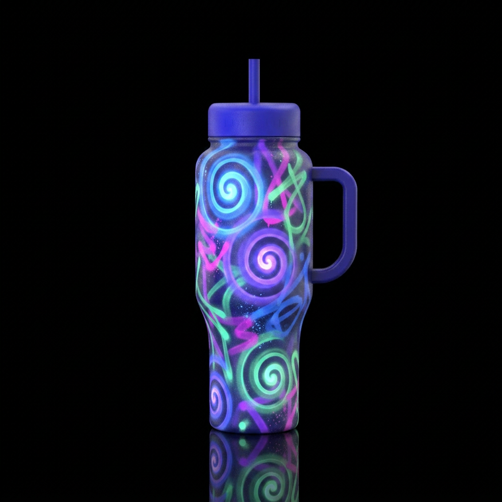 spray painted, abstract, glowie, spirals water bottle design