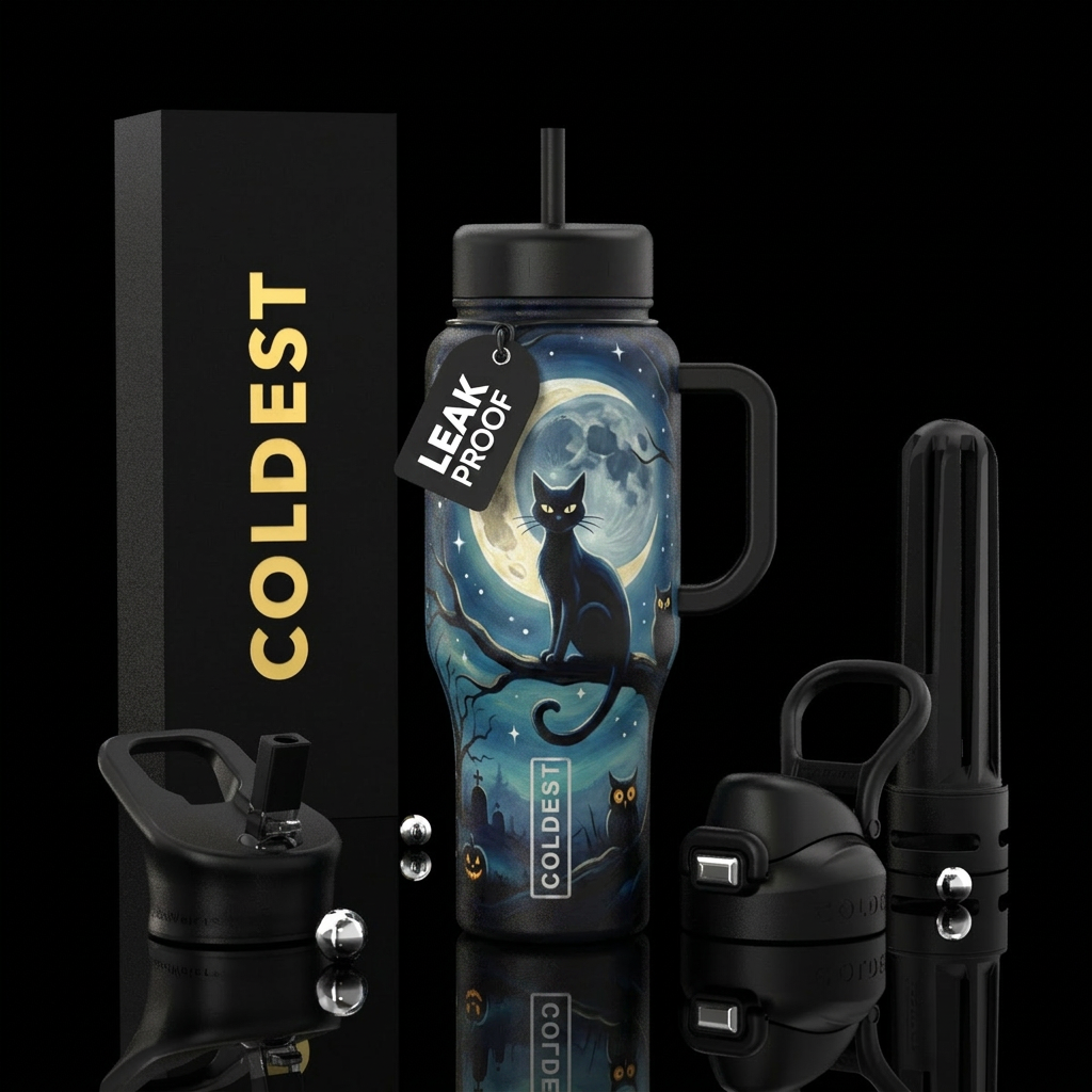 moonlit. Black cat , Halloween,  beautiul,  painti... water bottle design