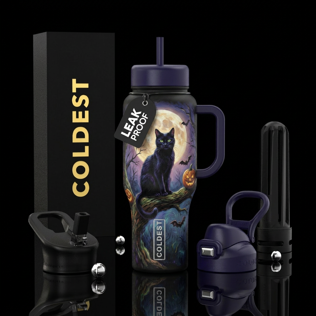 moonlit. Black cat , Halloween,  beautiul,  painti... water bottle design