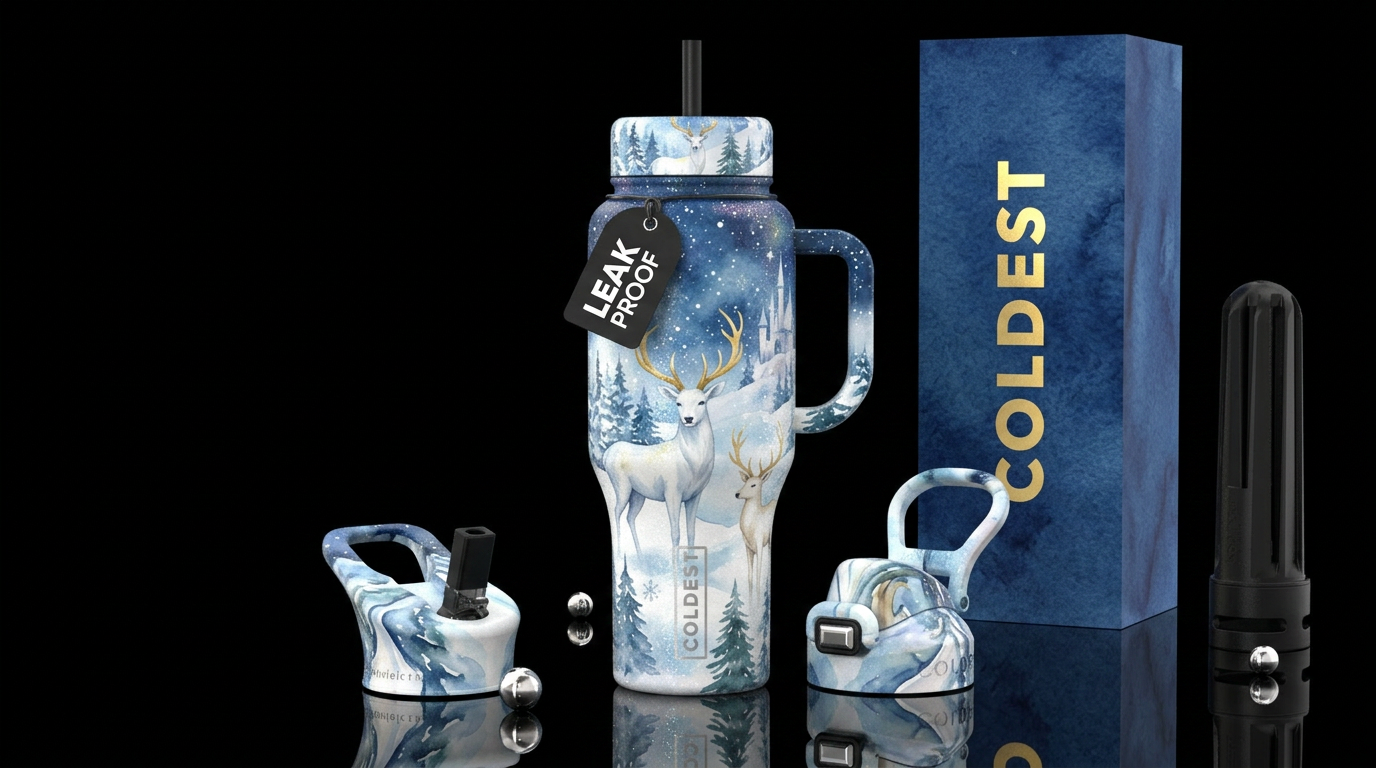 White deers , winter wonderland,  snowing, sparkly... water bottle design