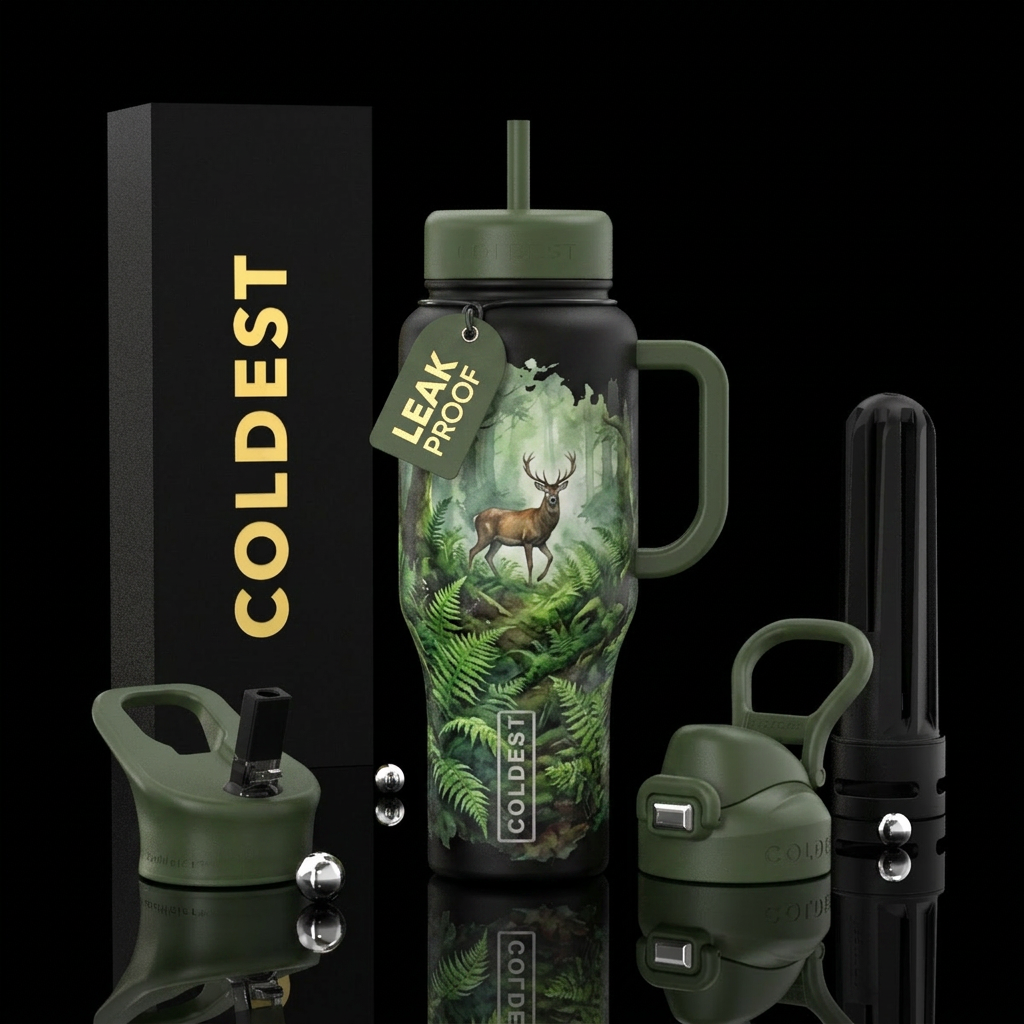 fern, realism, beautiul, foggy,  forest,  deer wal... water bottle design