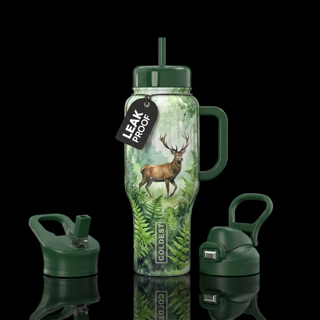 fern, realism, beautiul, foggy,  forest,  deer wal... water bottle design