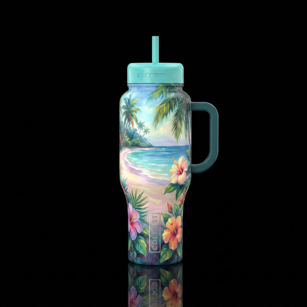 serene, glowie, beautiul, tropical flowers, beache... water bottle design