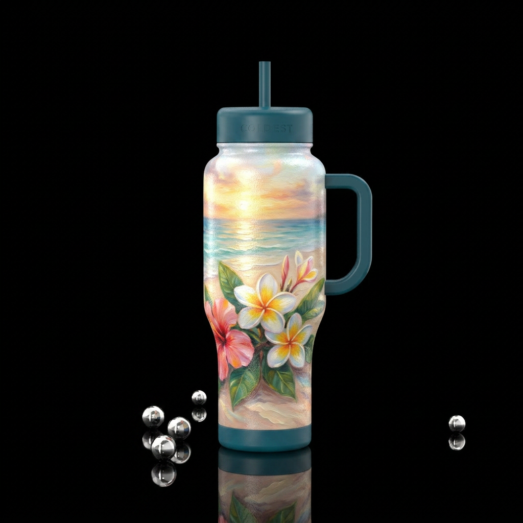serene, glowie, beautiul, tropical flowers, beache... water bottle design