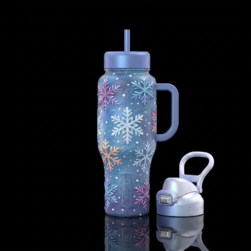 Snowy Snowflakes, beautiul, clay style painting water bottle design