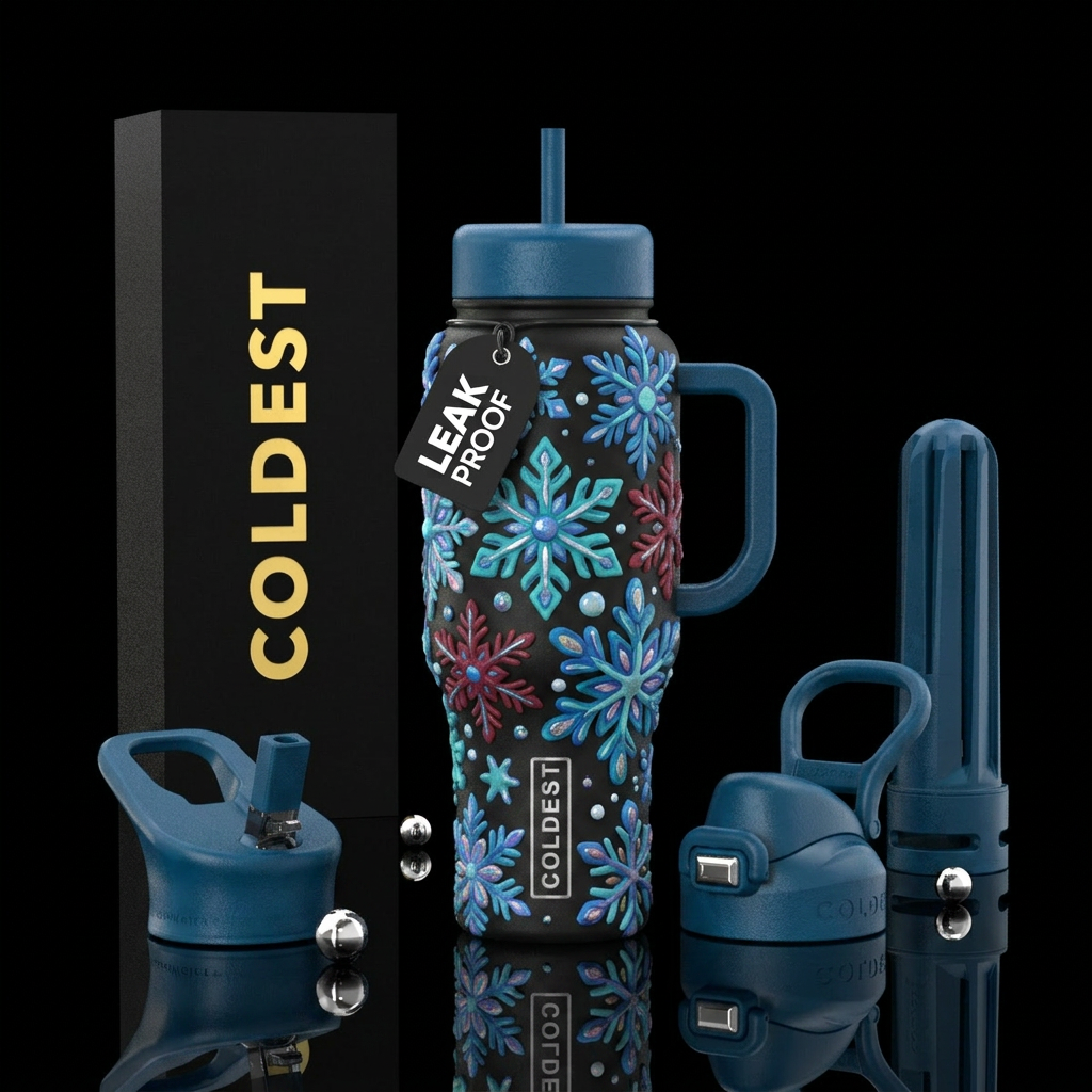 Snowy Snowflakes, beautiul, clay style painting water bottle design