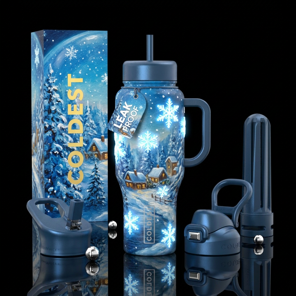 White glowie snowflakes , realism,  Christmas,  wi... water bottle design
