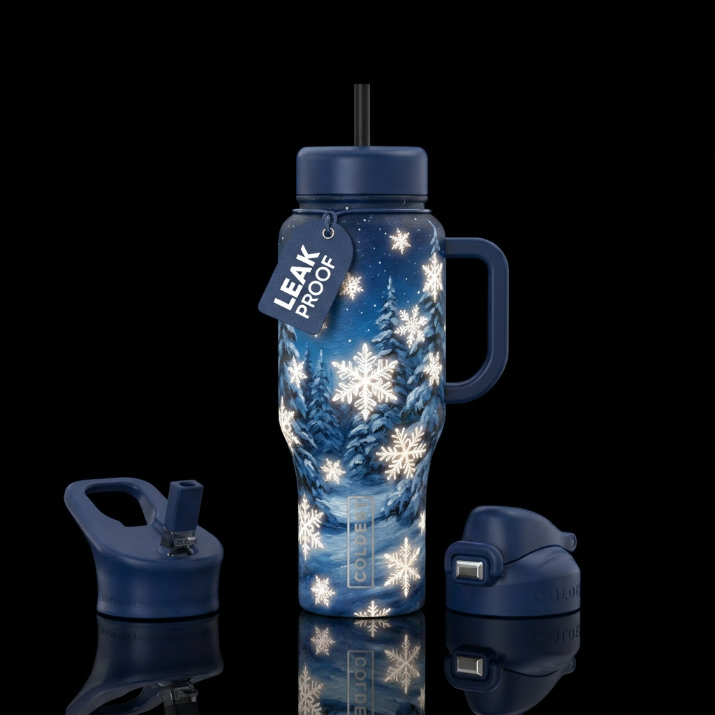 White glowie snowflakes , realism,  Christmas,  wi... water bottle design