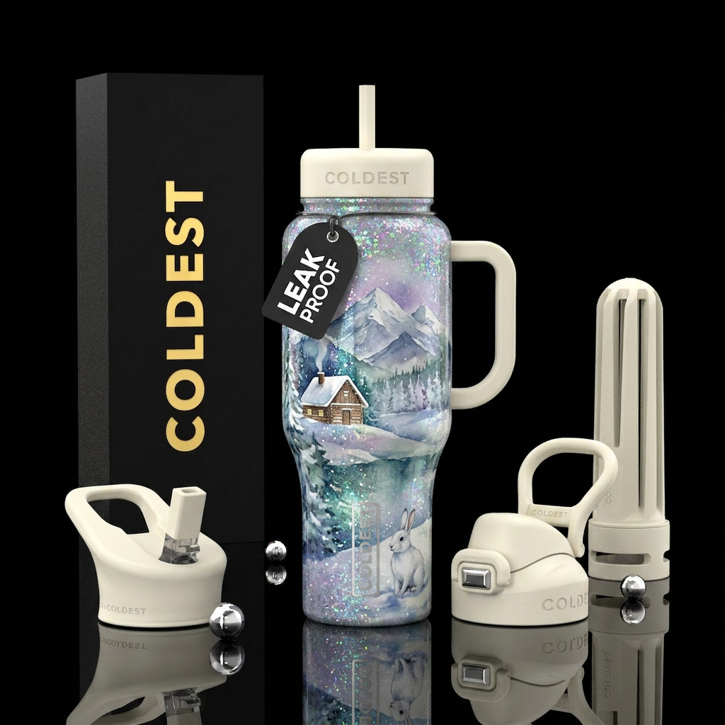Cabin,  mountains,  winter , snowy,  sparkly,  whi... water bottle design