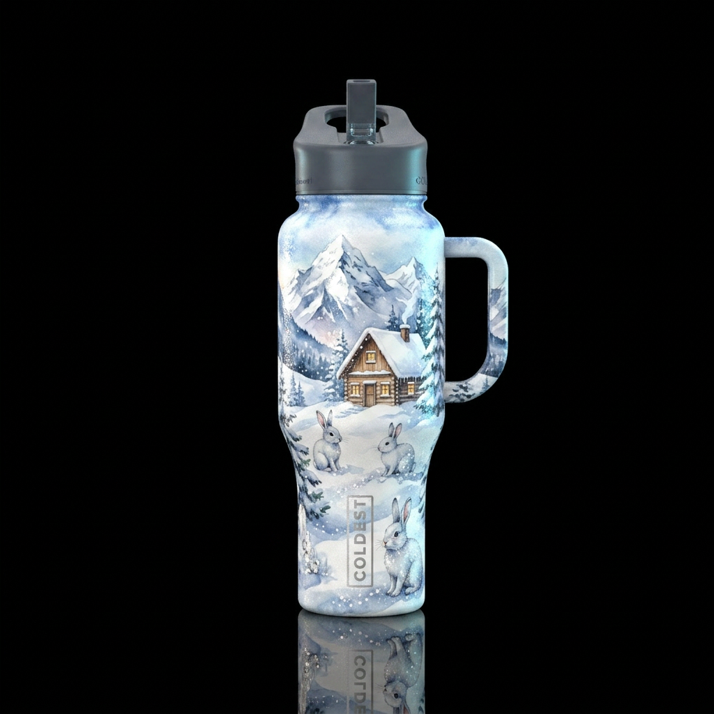 Cabin,  mountains,  winter , snowy,  sparkly,  whi... water bottle design