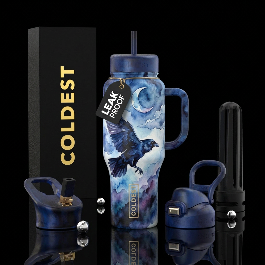 raven, beautiul,  blue hour,  moon, watercolor water bottle design