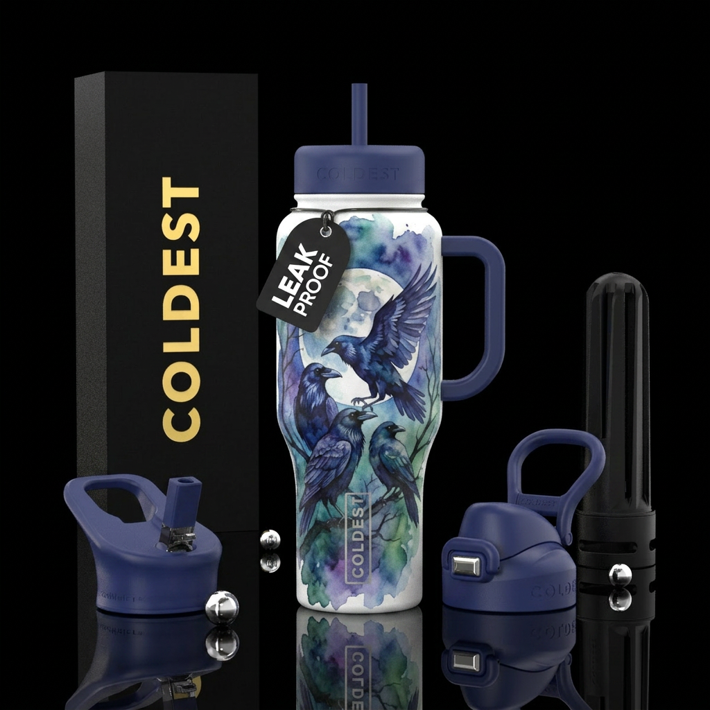 raven, beautiul,  blue hour,  moon, watercolor water bottle design