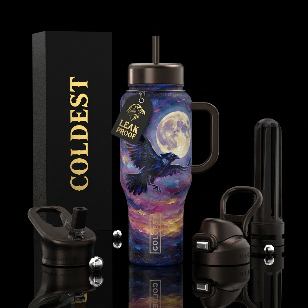 Raven,  twilight,  moon , beautiul, oil painted water bottle design