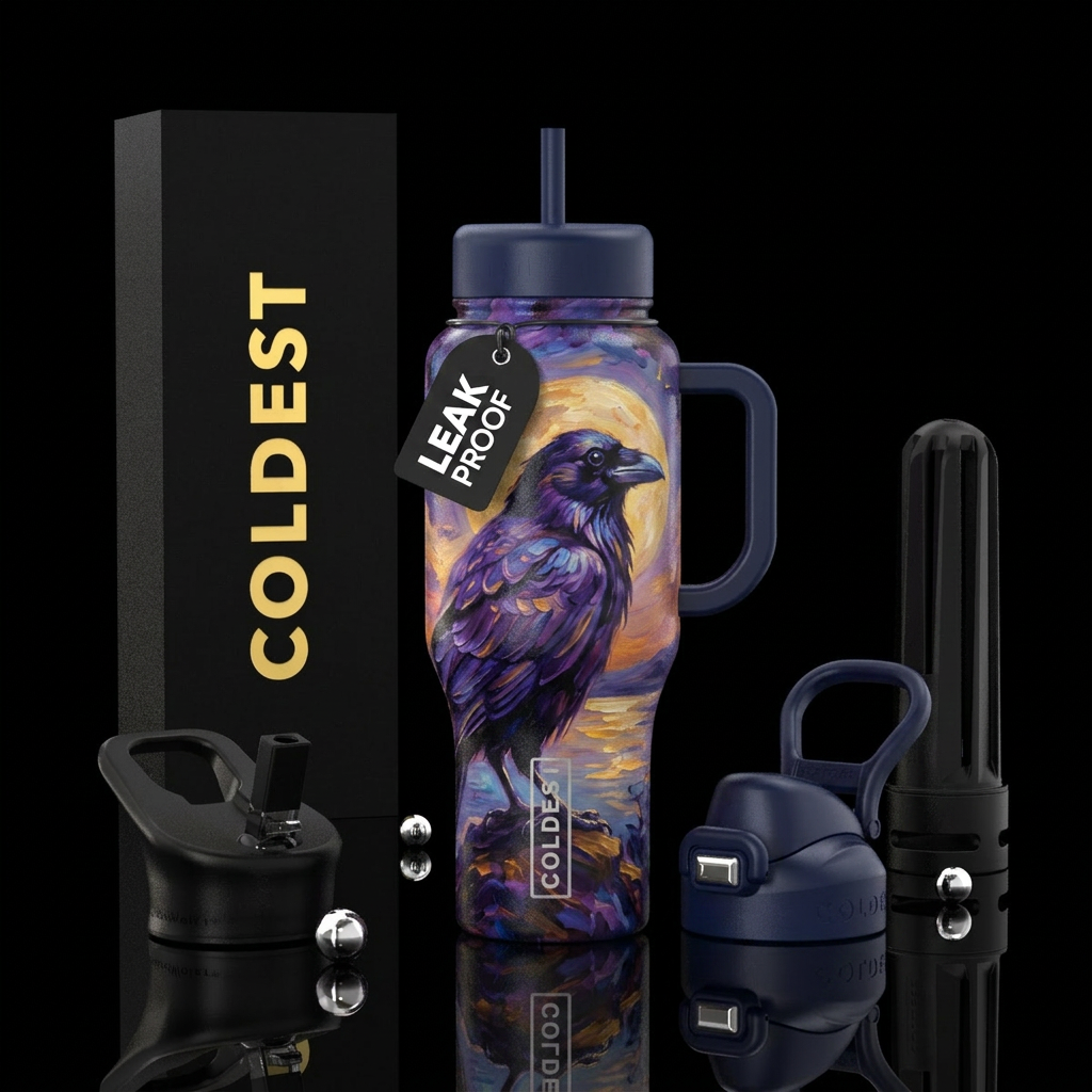 Raven,  twilight,  moon , beautiul, oil painted water bottle design