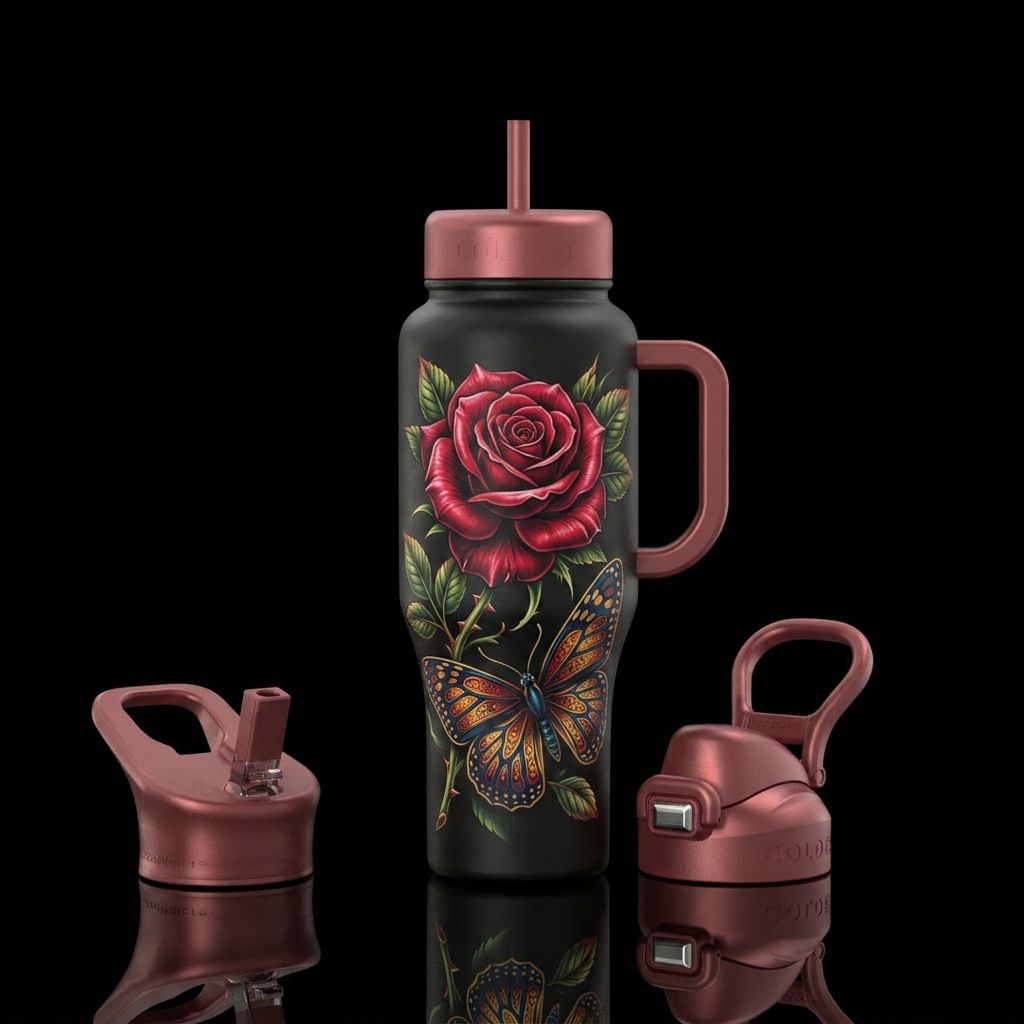 tattoo style, rose ,butterfly on a black bottle water bottle design
