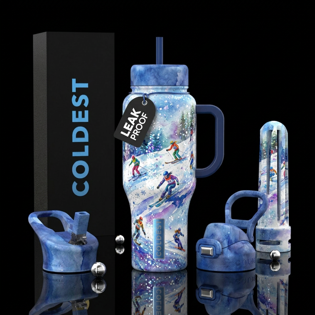 Snow 🏂 sking race , sparkly,  snowing, watercolor water bottle design