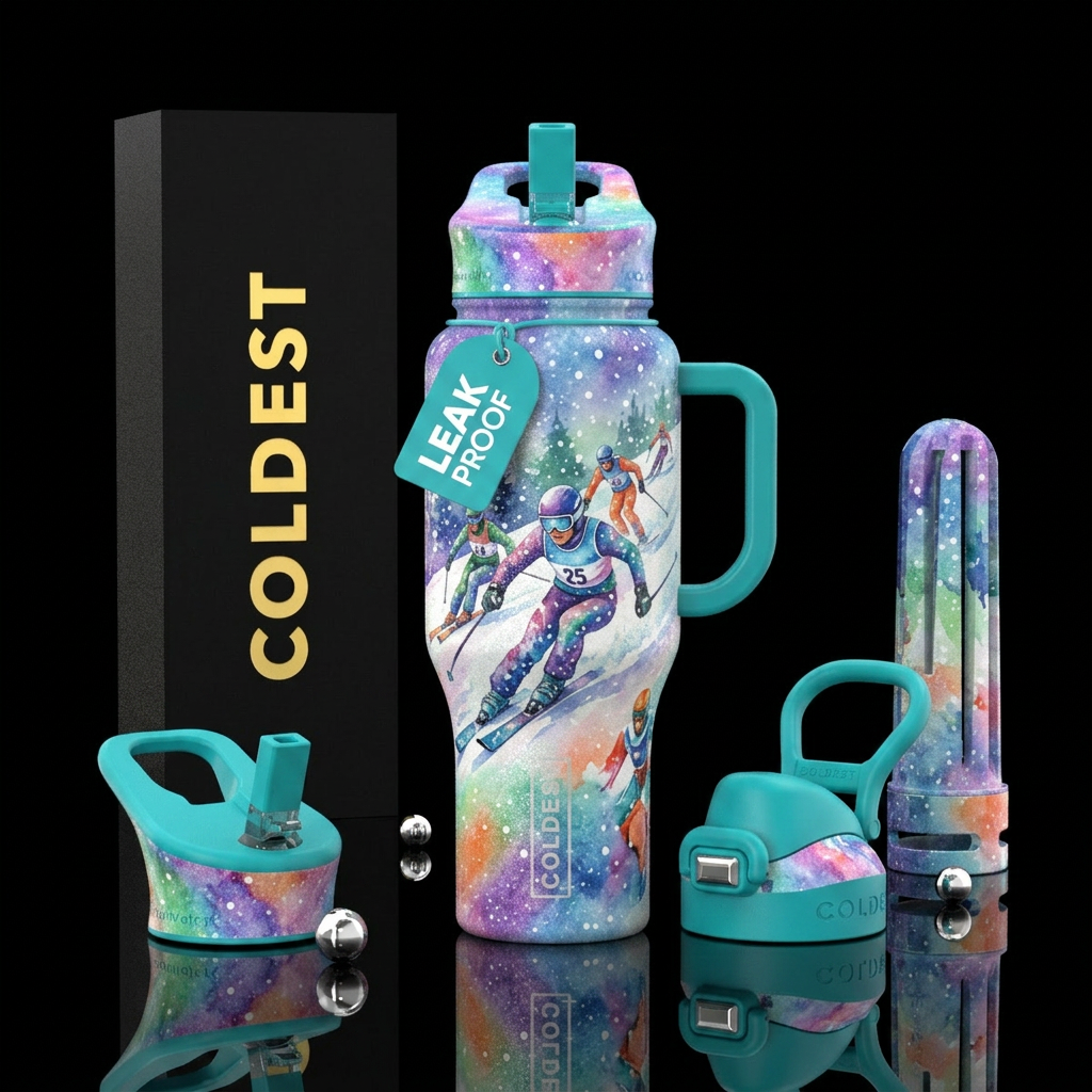 Snow 🏂 sking race , sparkly,  snowing, watercolor water bottle design