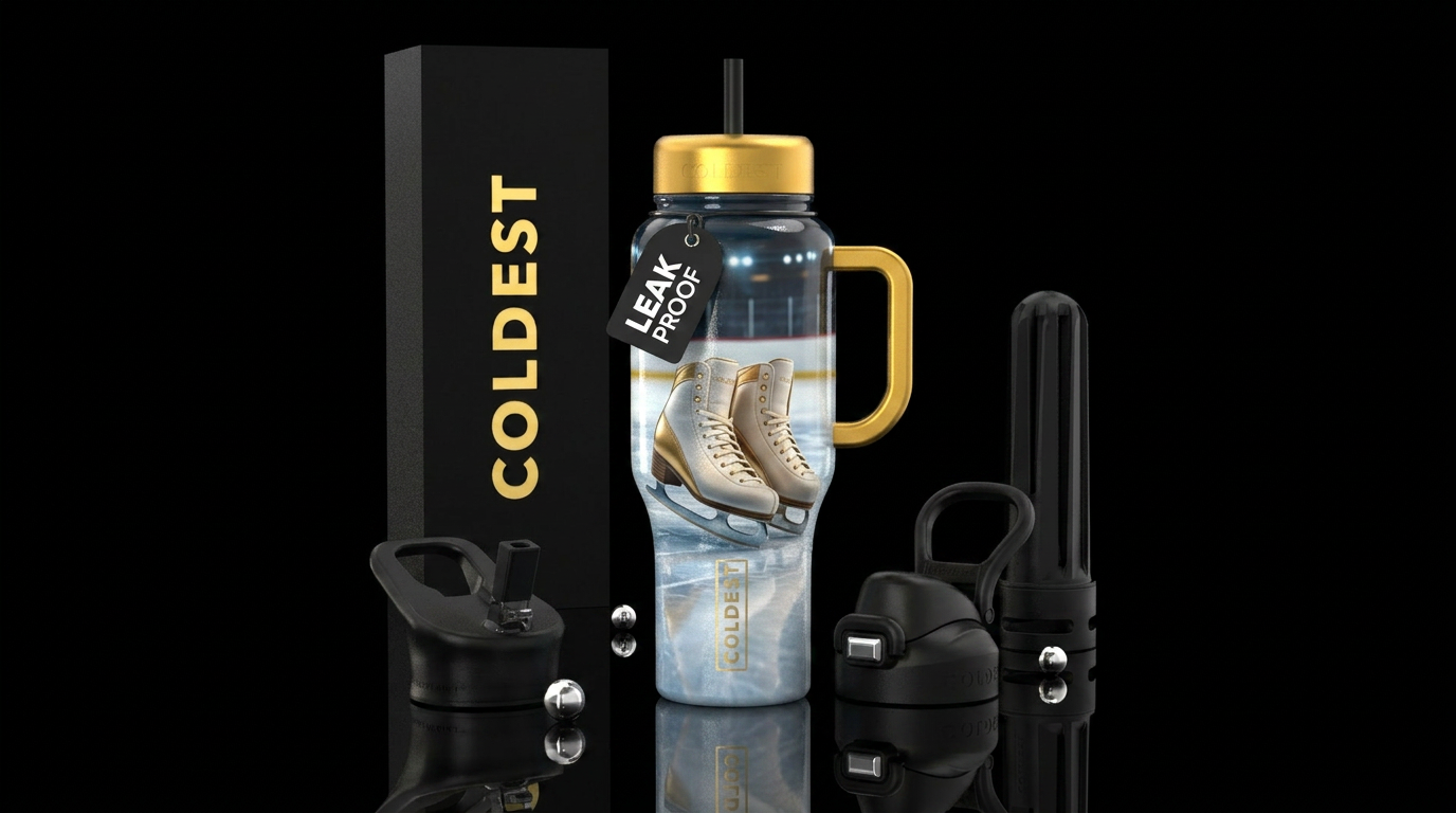 Ice skating shoes leaning next to an ice skating r... water bottle design