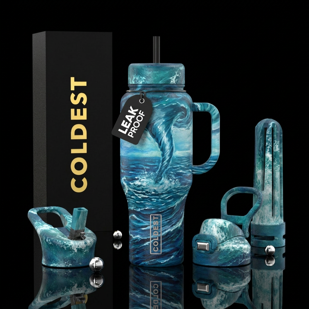 Water spout tornado in the ocean, painting water bottle design