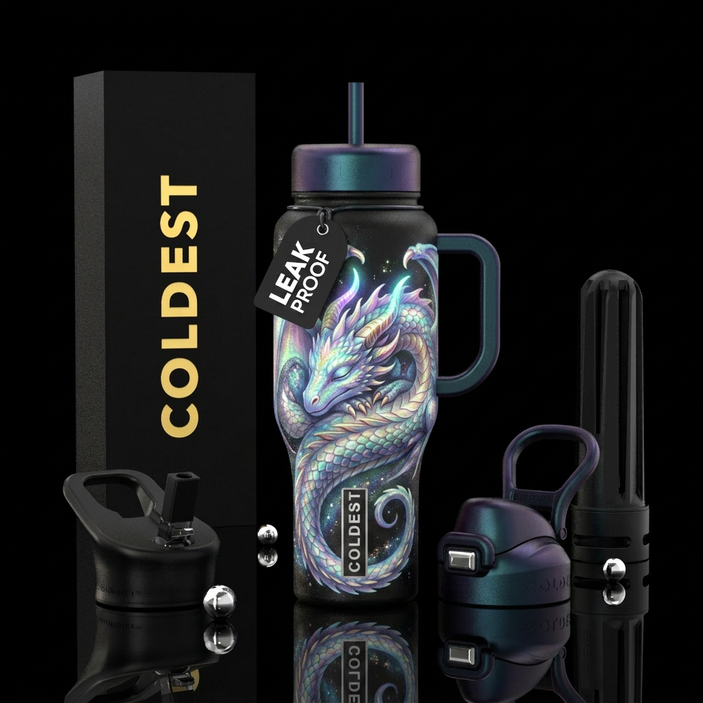 irridescent, dragon sleeping, fantasy, glowie water bottle design