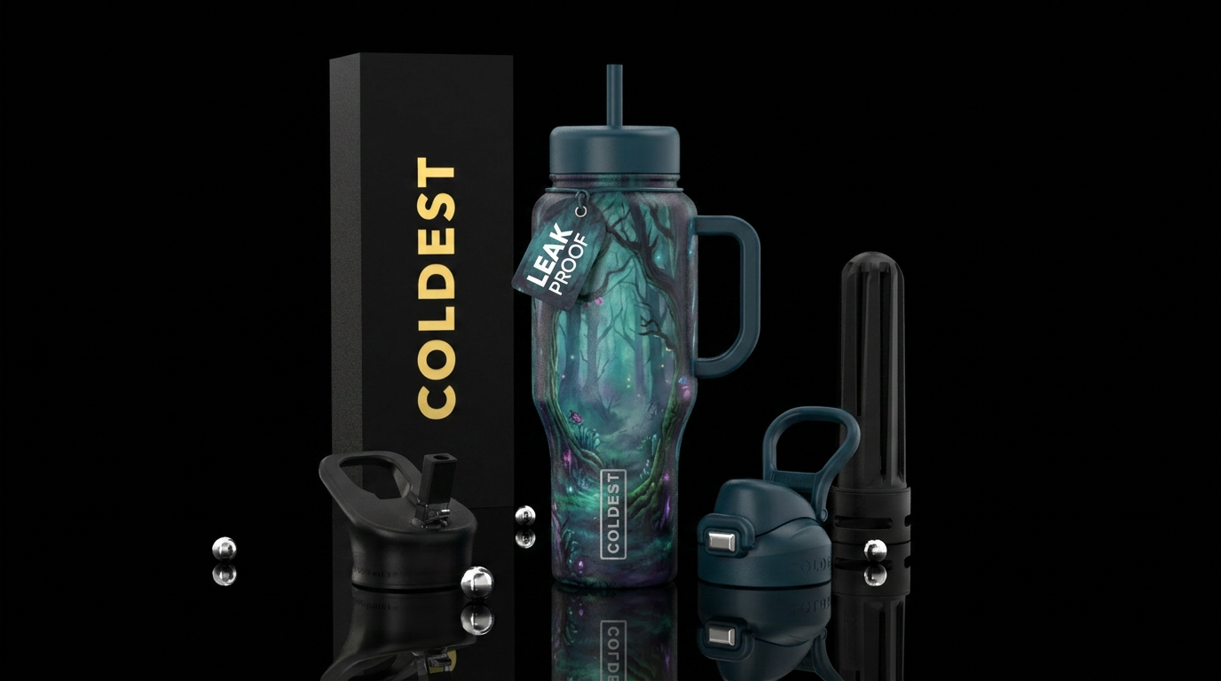 painted, misty forest, fantasy water bottle design