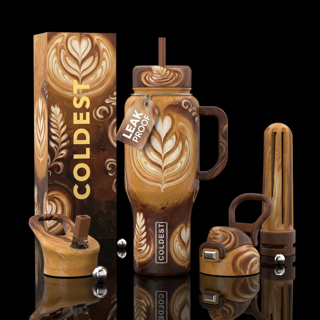 latte art, beautiul, oil painted water bottle design