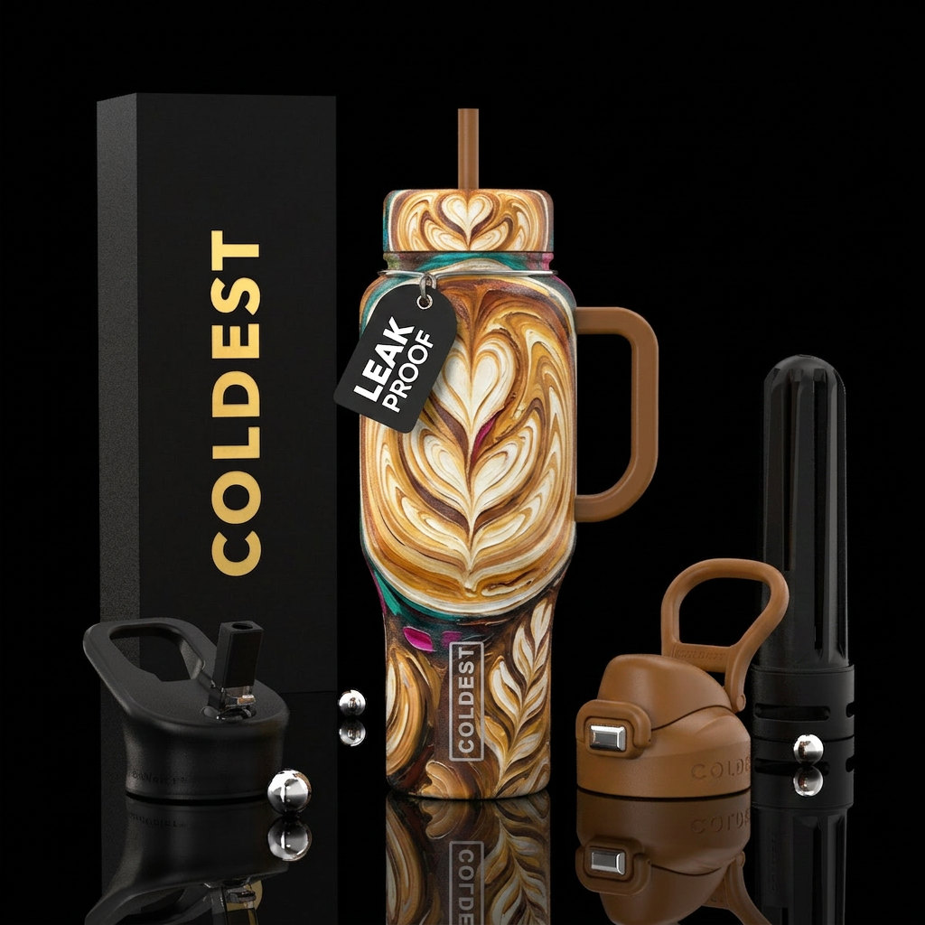 latte art, beautiul, oil painted water bottle design