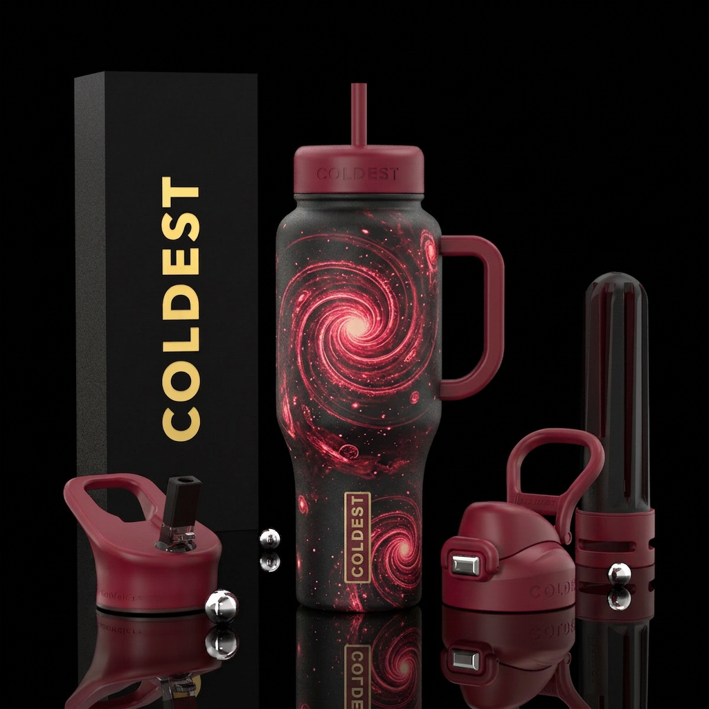astral, crimson, spirals, glowie, beautiul water bottle design