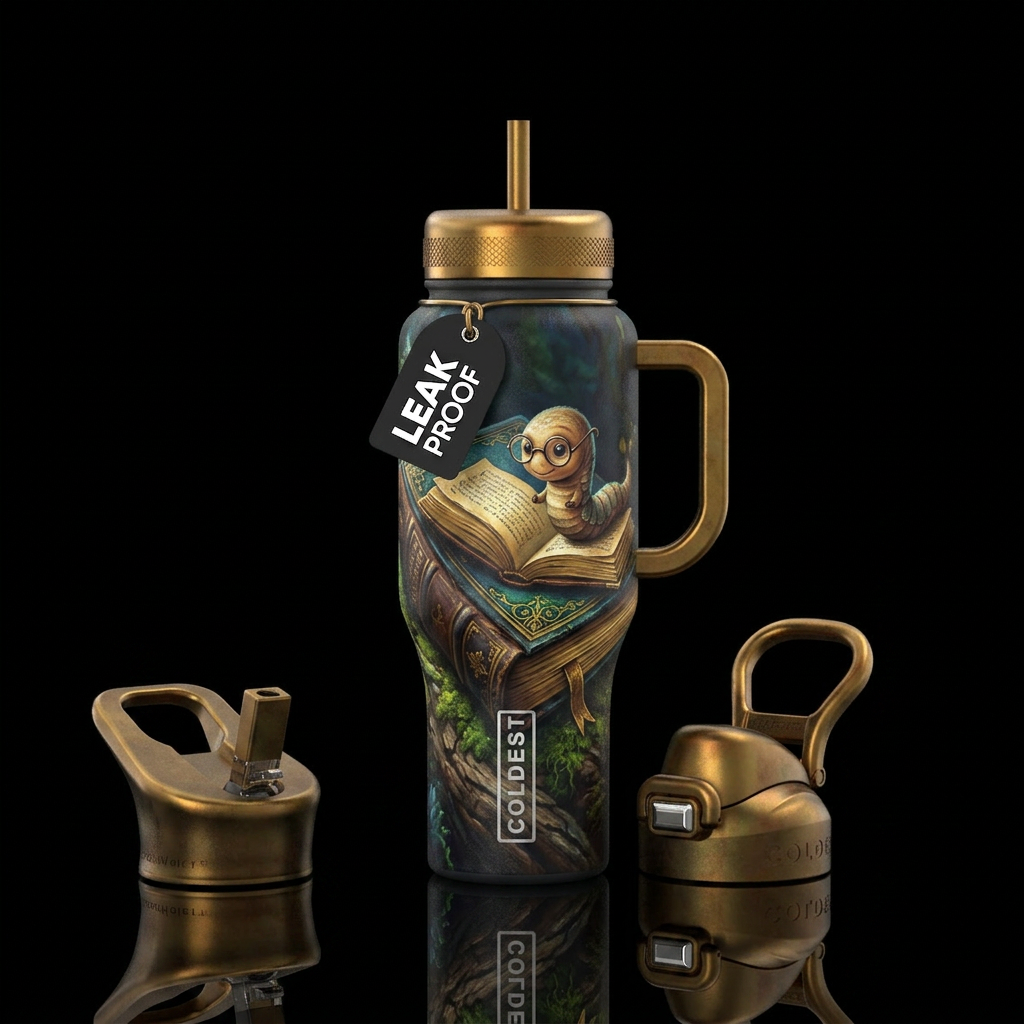 Book worm water bottle design