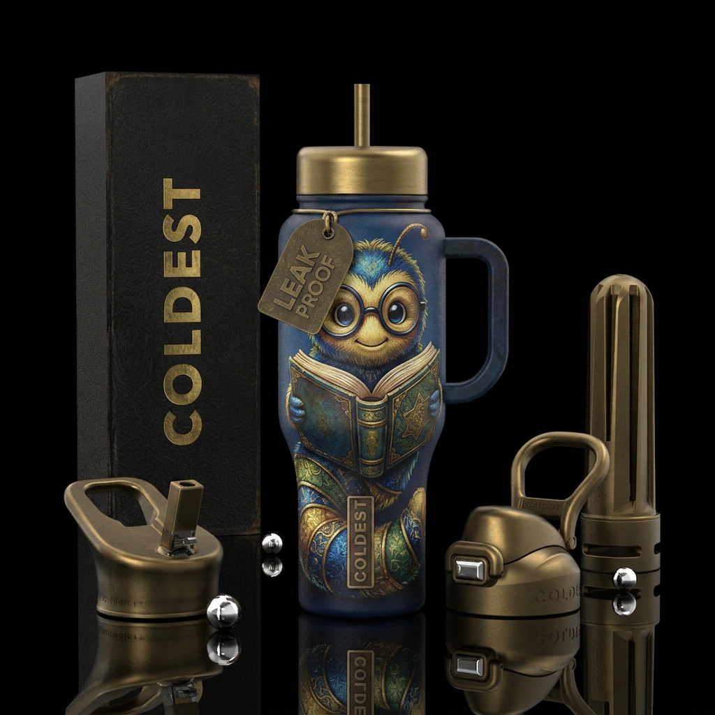 Book worm water bottle design