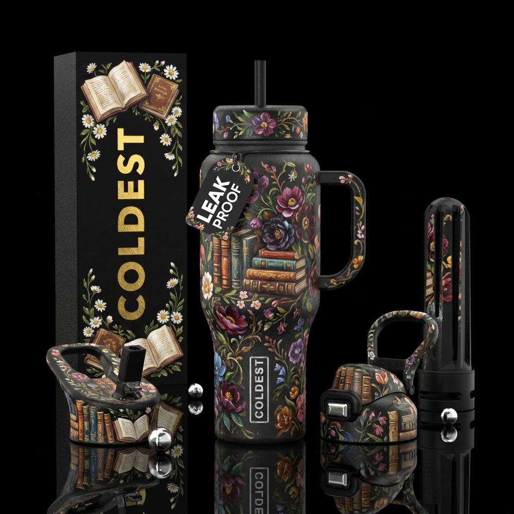 whimsical, books,  dark bottle,  flowers,  beautiu... water bottle design