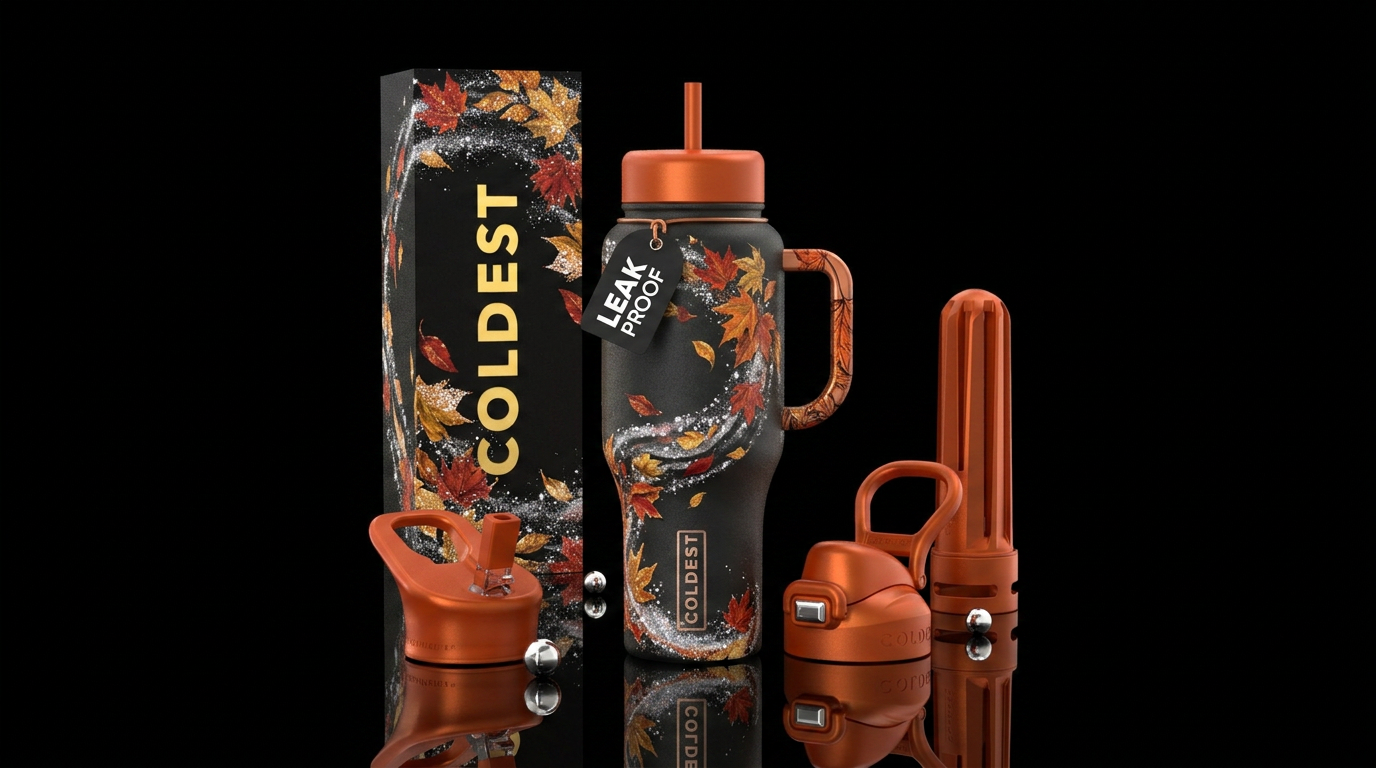 autumn leaves mixed with snow sparkly,  blowing ar... water bottle design