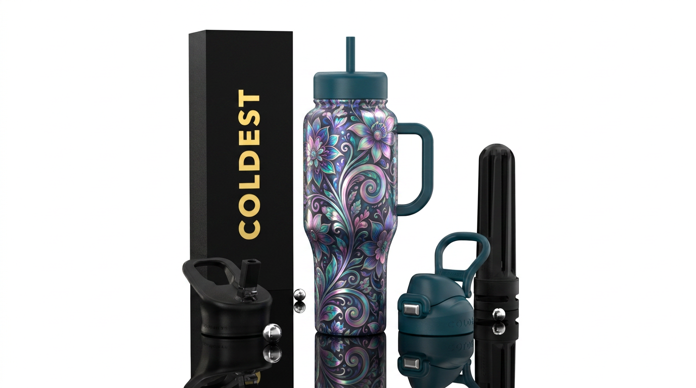 stylistic, floral, irridescent, spirals water bottle design