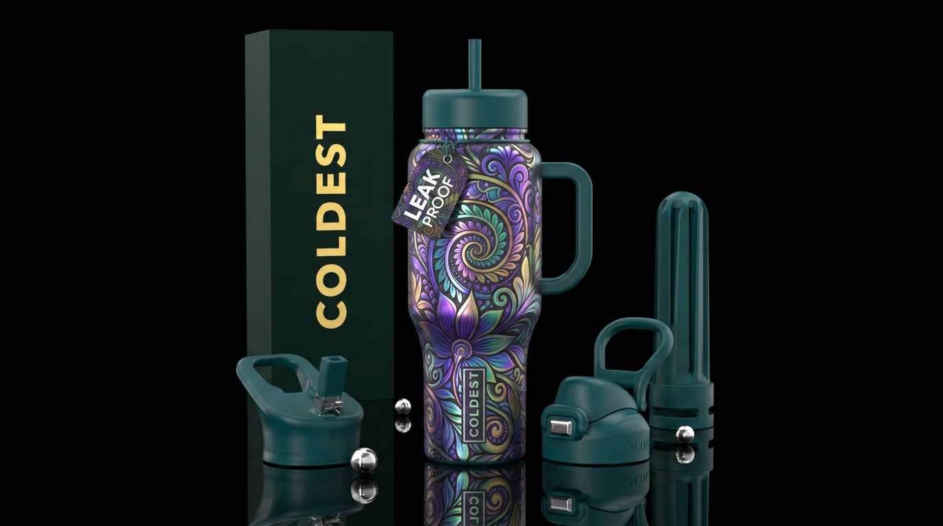 stylistic, floral, irridescent, spirals water bottle design