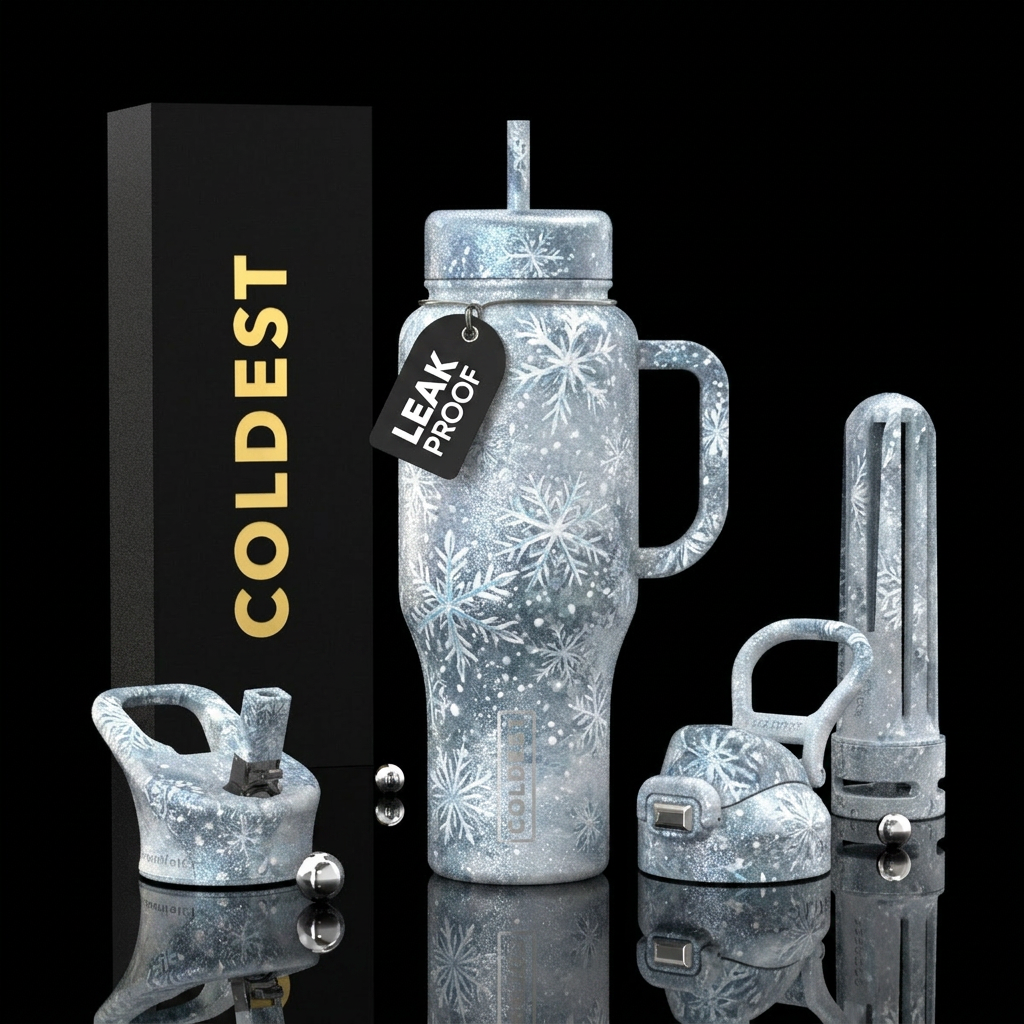 Snowy, snowflakes,  textured painting,  sparkly water bottle design