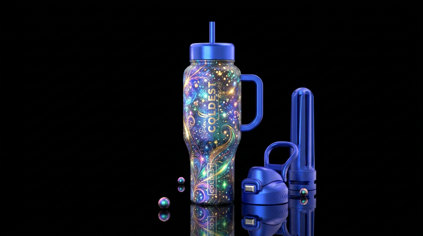 whimsical, sparkly, artistic, magical, glowie, hap... water bottle design