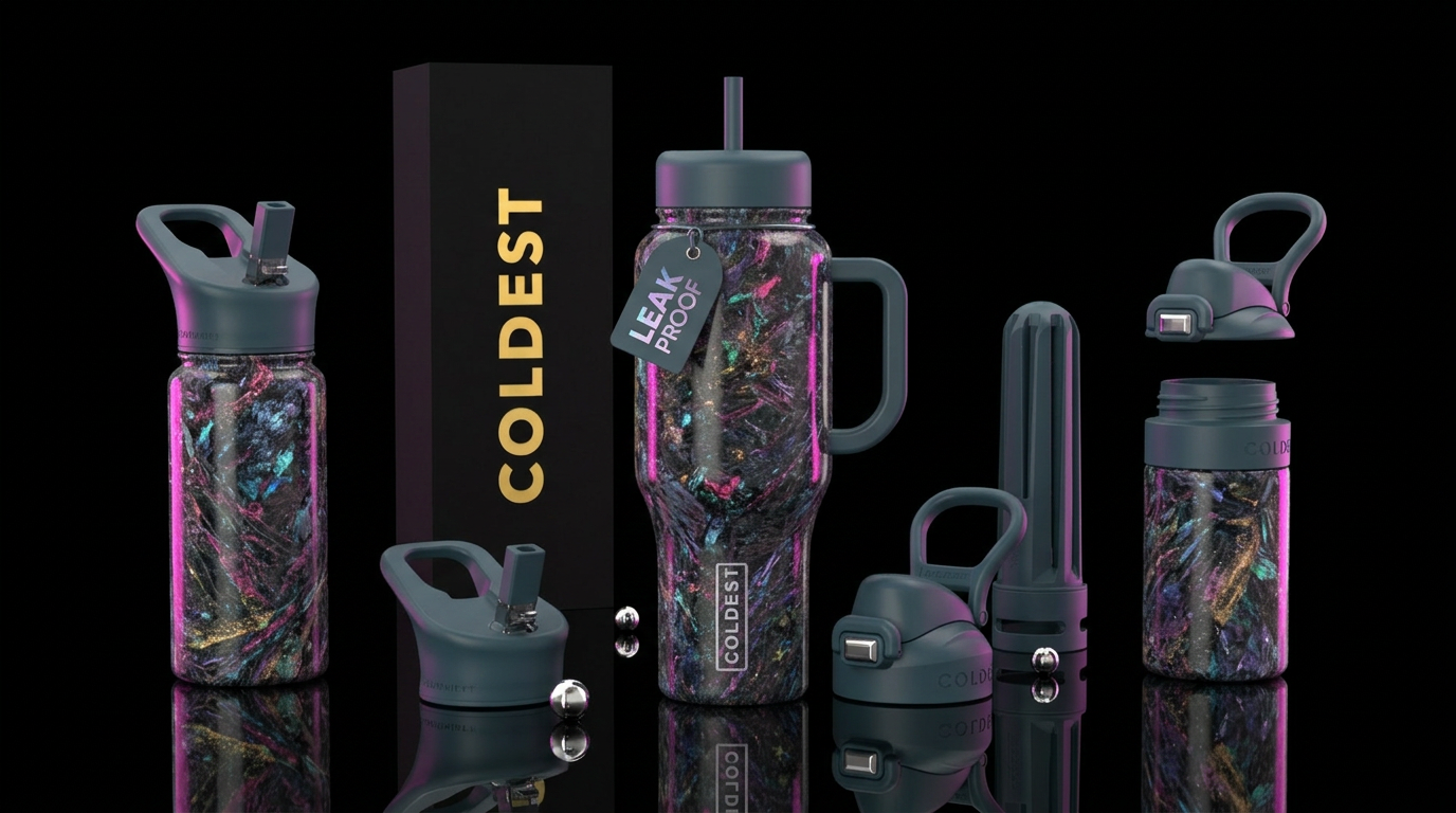 synthwave, magical, granite water bottle design