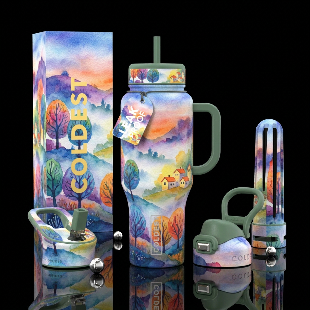 naive art, foggy morning, beautiul, watercolor water bottle design