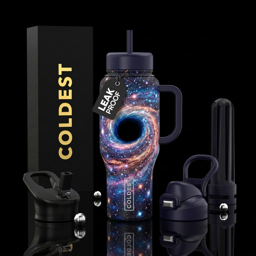 sparkly, black hole water bottle design