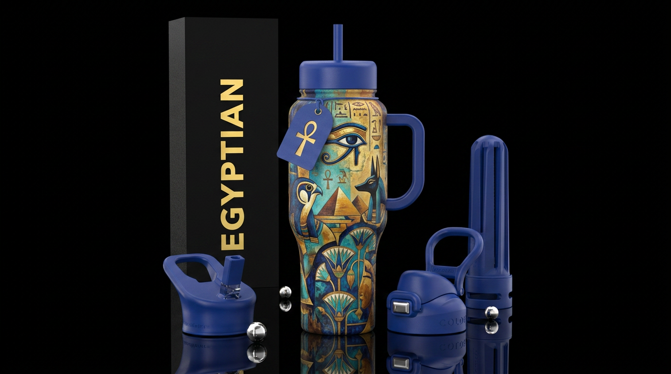 egyptian, abstract, painting, surreal water bottle design