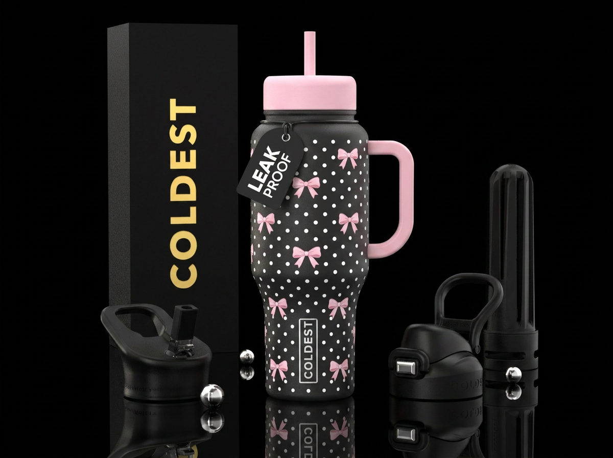 Black bottle with white poke a dots, with light pi... water bottle design